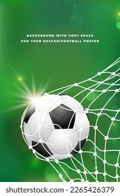 Green background with soccer ball in goal net and place for your text - vector illustration