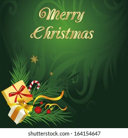 a green background with some presents for Christmas