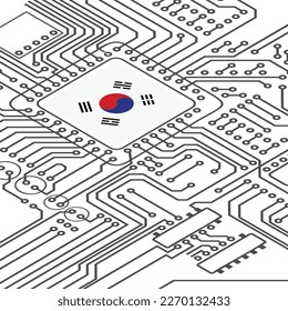 Fondo verde con el microchip de la bandera de Corea del Sur y la silueta de la placa de circuito eléctrico perspectiva. Junta de tecnología electrónica con cpu hecha en Corea