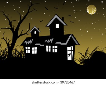 green background with spooky house, dead tree