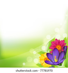 Green Background With Spring Flower, Vector Illustration