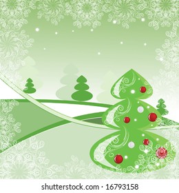 Green background with spruce and  snowflake