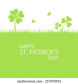 Green background of St. Patricks Day with clover, grass and butterfly, illustration. 