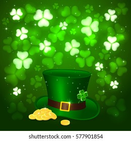 Green background of St. Patrick's Day with glittering clovers and golden coins with hat of the leprechaun, illustration.