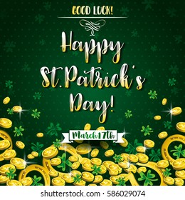 Green background for St Patricks Day with shamrocks, horseshoe and golden coins, vector illustration.