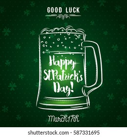 Green background  for St. Patrick's Day with  beer mug, vector illustration.