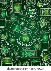 Green background for St. Patrick's Day with  beer bottle, mug, horseshoe, pipe, hat and shamrock, vector illustration.