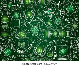 Green background for St. Patrick's Day with  beer bottle, mug, horseshoe, pipe, hat and shamrock, vector illustration.