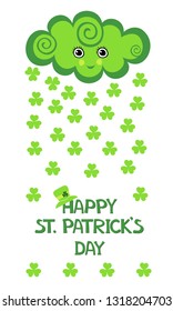 Green background for St. Patrick's Days with place for your text.  St. Patrick's day  Vertical background with shamrock,  leprechaun hat and cloud. Funny kawaii character. Vector Illustration