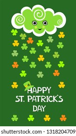 Green background for St. Patrick's Days with place for your text.  St. Patrick's day  Vertical background with shamrock,  leprechaun hat and cloud. 17 March Feast of St. Patrick.  Vector Illustration