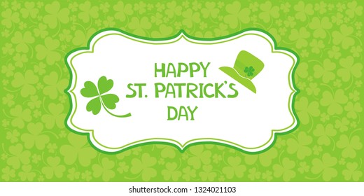 Green background for St. Patrick's Days. St. Patrick's day horizontal background with  four-leaf clover shamrock leaves,  leprechaun hat and cloud. Irish festival celebration greeting card design.