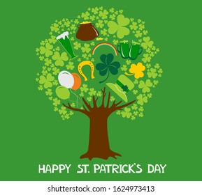 Green background for St. Patrick's Days with place for your text. St. Patrick's day   background with pint beer, leprechaun hat and four-leaf clover shamrock leaves. Funny kawaii character. Vector
