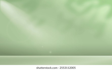 Green background studio wall room. Showcase and place for product presentation. Pedestal and podium with spotlight. Template and layout for advertising. Realistic vector illustration
