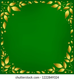 Green background stylized as green velvet decorated with golden leaves and dots in form of circle for decoration, scrapbooking paper, wedding invitation, greeting card, text, frame, family tree, cover