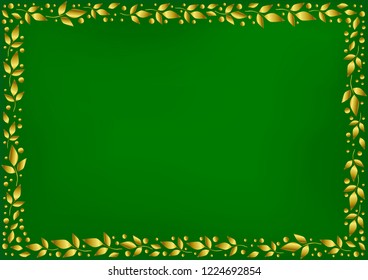 Green background stylized as velvet with decorative frame of golden leaves and dots for decoration, scrapbooking paper, wedding invitation, greeting card, text, family tree, certificate, diploma