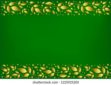 Green background stylized as velvet with decorative stripes align top and below with golden leaves and dots for decoration, scrapbooking paper, wedding invitation, greeting card, text, cover of book