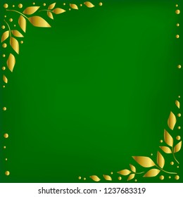 Green background stylized as green velvet with decorative edges with golden leaves and dots for decoration, holiday, scrapbooking paper, wedding, invitation, greeting card, text, gift tag
