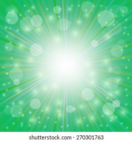 Green  Background. Sun Burst on Green Background. Ray Background with Stars.