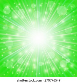 Green Background. Sun Burst on Green Background. Ray Background with Stars.