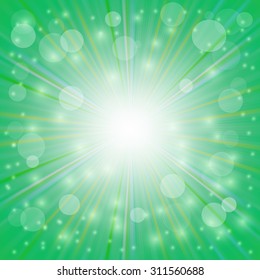 Green  Background. Sun Burst on Green Background. Ray Background with Stars.