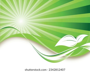 Green Background With Sunburst And Leaf