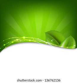 Green Background With Sunburst And Leaf With Gradient Mesh, Vector Illustration