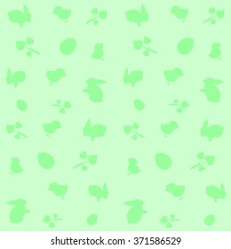 Green background with symbols of Easter Bunny ,chicken and egg .
