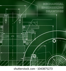 Green background. Technical illustration. Mechanical engineering. Technical design. Instrument making. Cover, banner, flyer, background