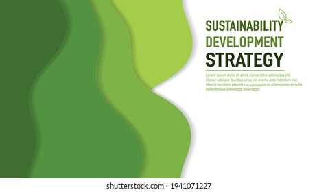 Green Background Template With Paper Cut Style And Sustainability Development Strategy Text, Vector Illustration