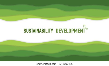 Green background template with paper cut style and sustainability development strategy text, vector illustration