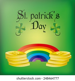 a green background with text, clovers, coins and a rainbow for patrick's day