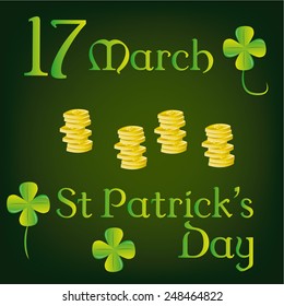 a green background with text, clovers and a lot of golden coins