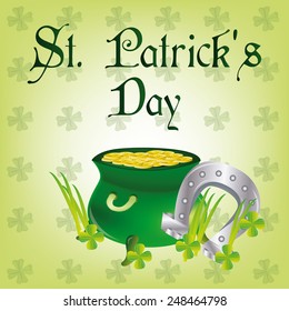 a green background with text, clovers, a horseshoe and a pot of coins