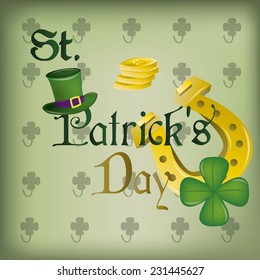 a green background with text, coins, clovers and a horseshoe for patrick's day