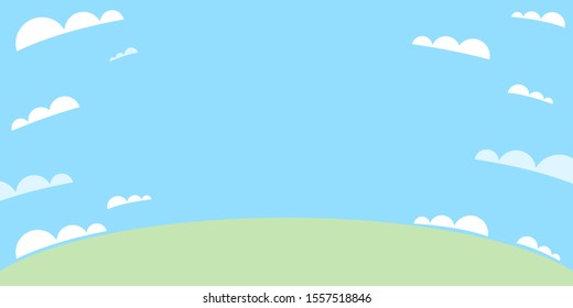 Green background for text: meadow, horizon and sky with clouds. Concept: free space for text on the topic of ecology, children's books, psychology, motivation, utterances, quotes, illustrations. 