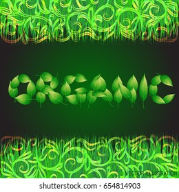 Green background with text organic made from leaves. Illustration with vegetative grasses border.Vector illustration.