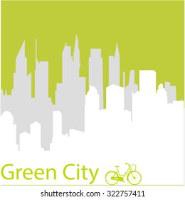 Green background with text and a white skyline