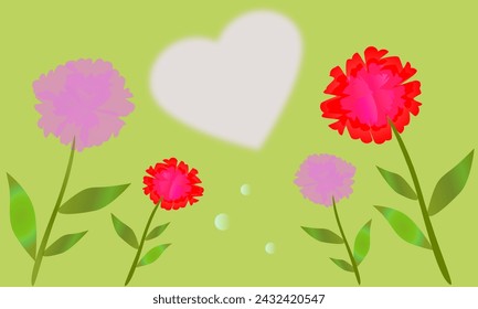 With a green background, there are pink and red carnations with light and dark colors beside a love shape and under the love are some water drops  