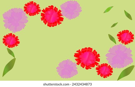 With a green background, there are pink and red carnations with light and dark colors and some leaves flying as decorations