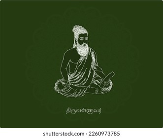 With a green background, Thiruvalluvar scribble art. Tamil