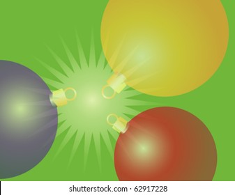 Green background with three Christmas ornaments and a star