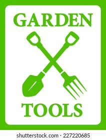 green background with tools for gardening work on frame