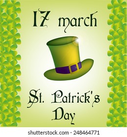 a green background with a traditional hat, text and clovers for patrick's day