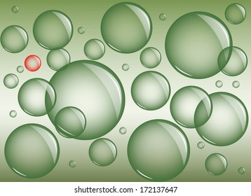 Green background with transparent bubbles of different sizes and one of a different color bubble