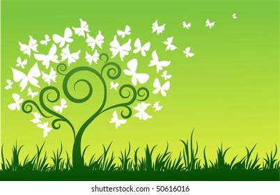 Green background with tree and white butterflies