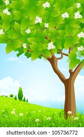 Green Background with Trees Flowers Clouds and Sea