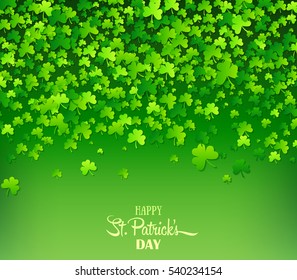 Green background with trifolium clovers. Happy Saint Patrick's Day backdrop. Irish holiday. Vector illustration for greeting card, poster, banner