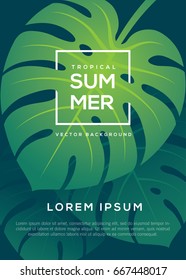 Green background with tropical leaf. Summer tour, travel, sale banner design concept. Palm, monstera, exotic tree leaves.