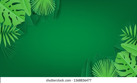 Green background with tropical leaves. Vector illustration with tropical leaves in paper cut style on green background.