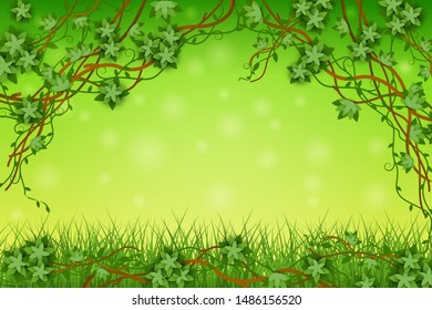 Green background with tropical vines and grass, exotic plants and leaves. Flora rainforest with vines. Green vector flat illustration and background in jungle style,